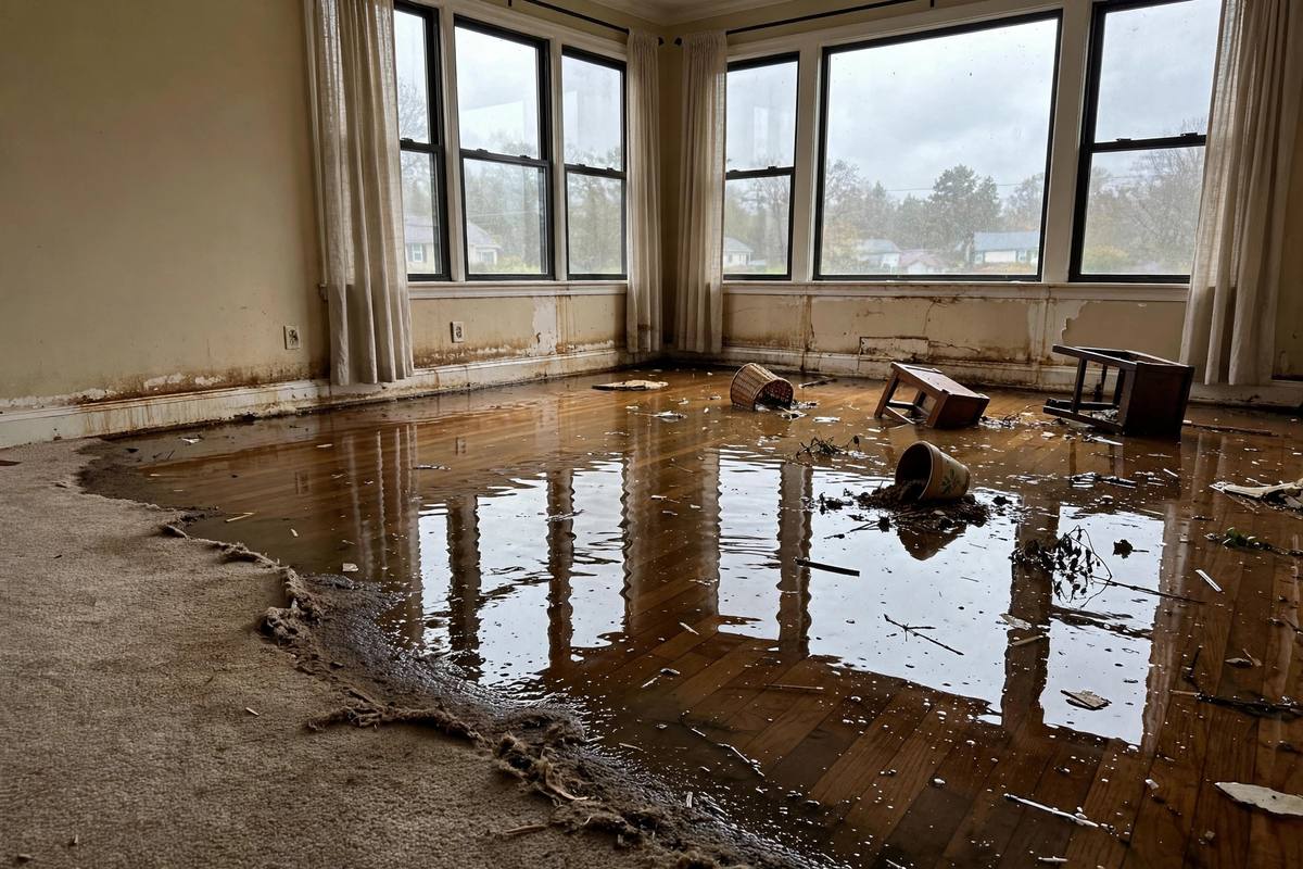 Flooded room requiring professional cleanup