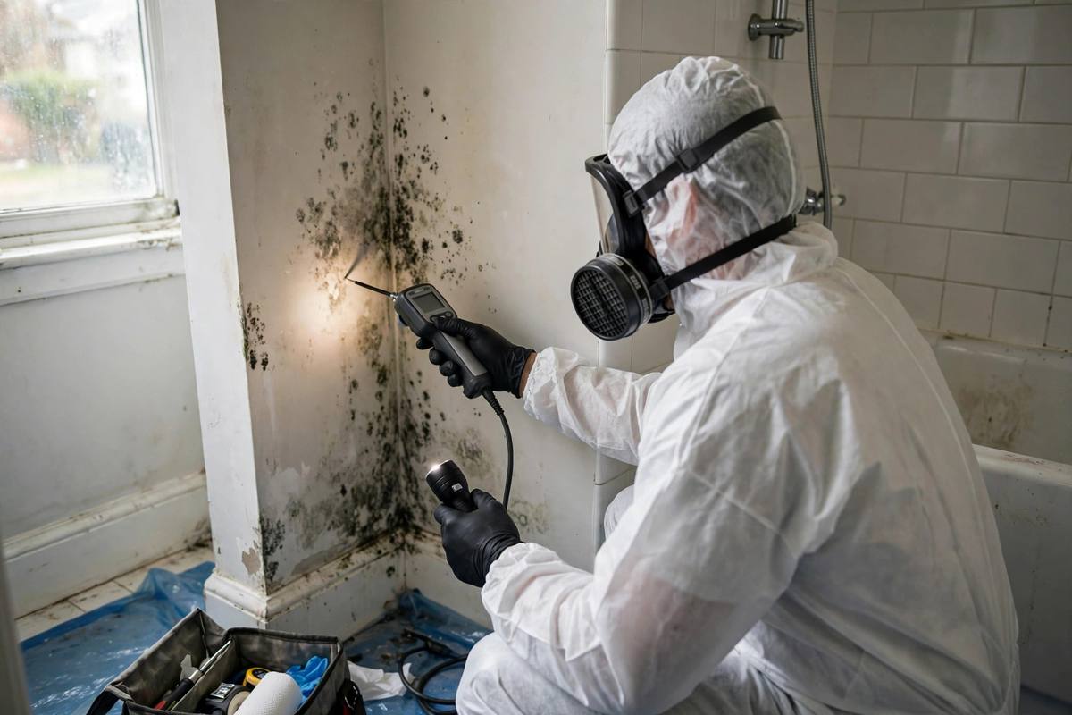 Technician inspecting a wall for mold growth