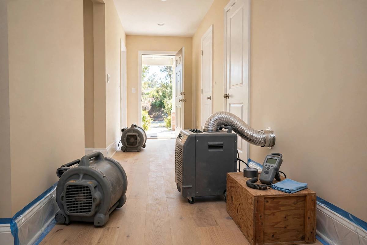 Commercial drying equipment set up in a home after water damage